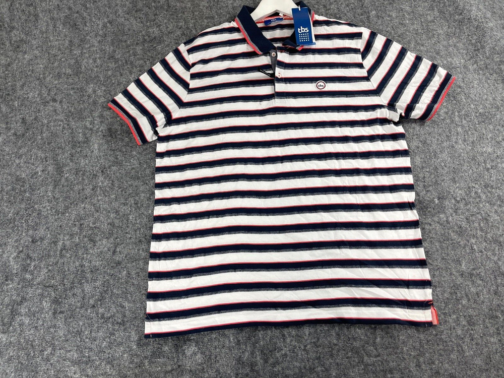 TBS France Polo Shirt Mens XL Striped Slim Fit Blue Cotton Short Sleeve N334